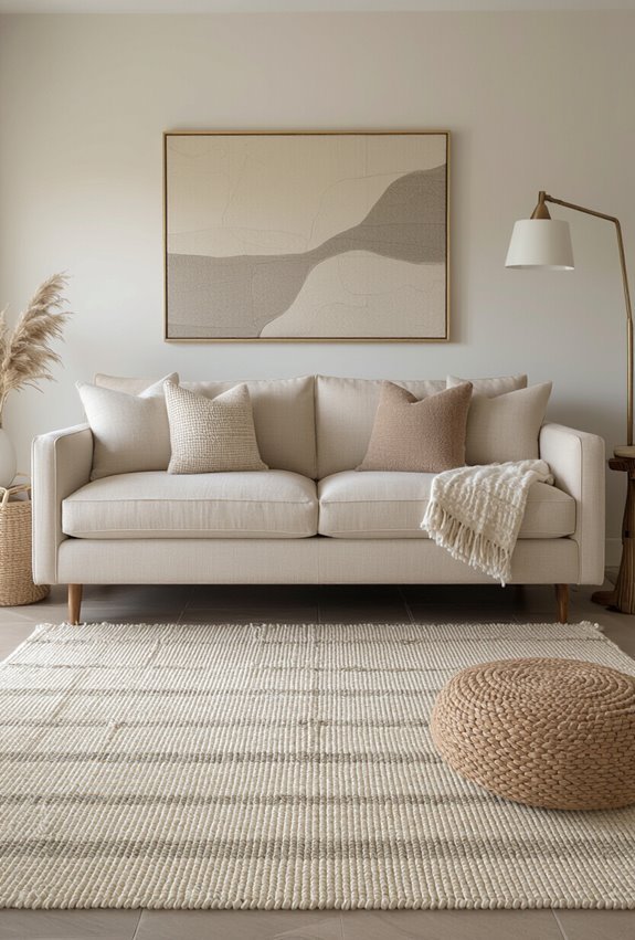 layered textured rugs under couch