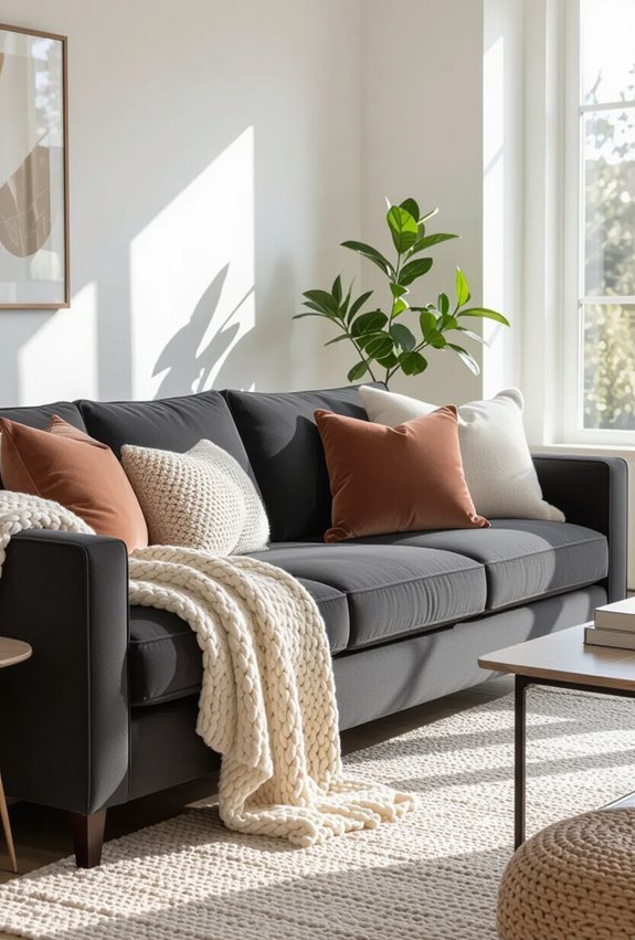 layered textures soften dark couch
