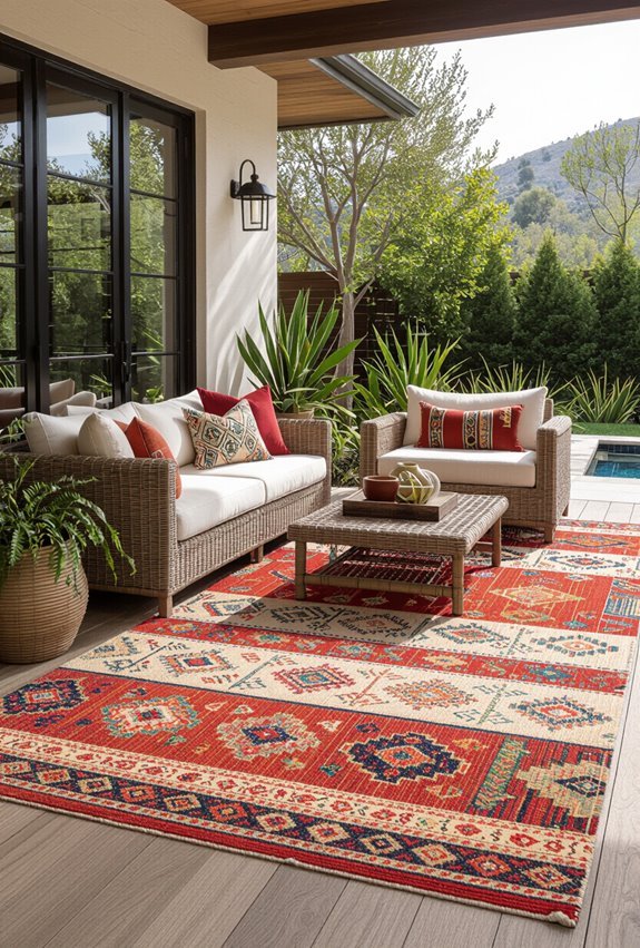 layered vibrant outdoor rugs