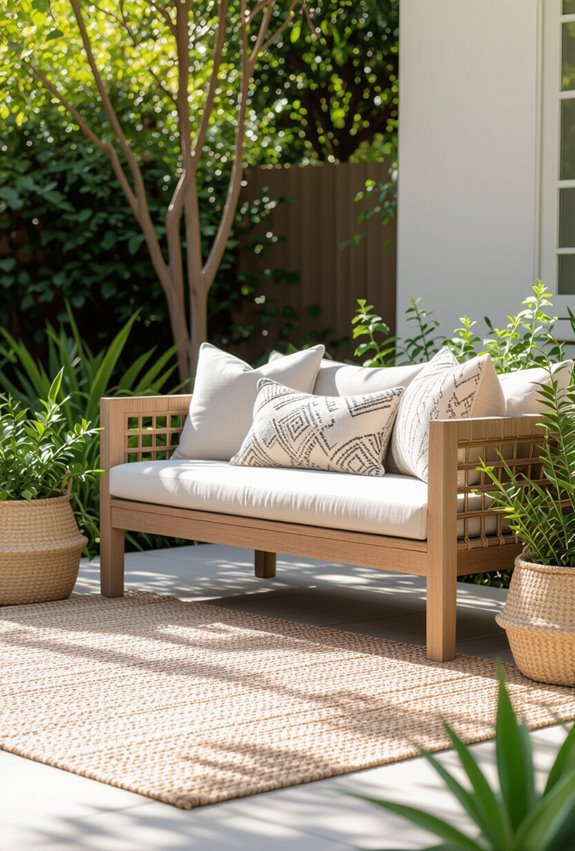 layered weatherproof rugs cushions