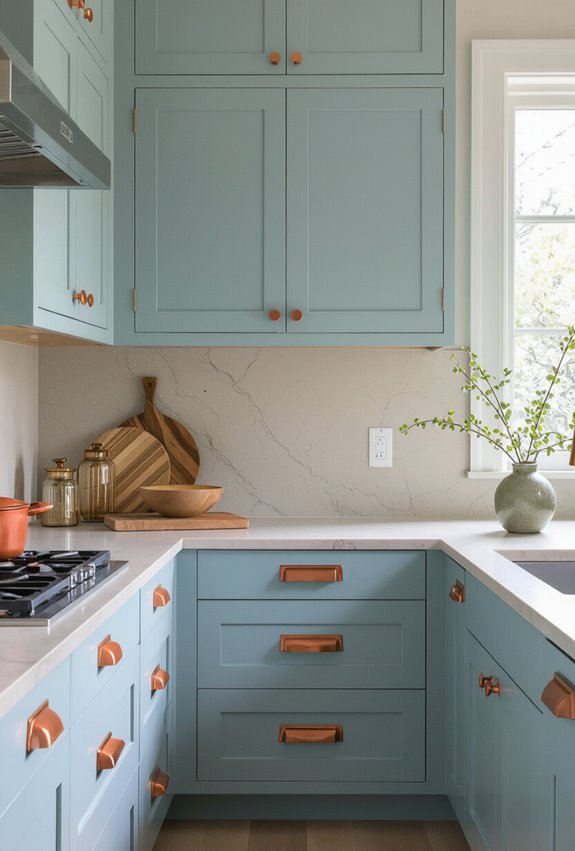 light blue cabinets rust hardware