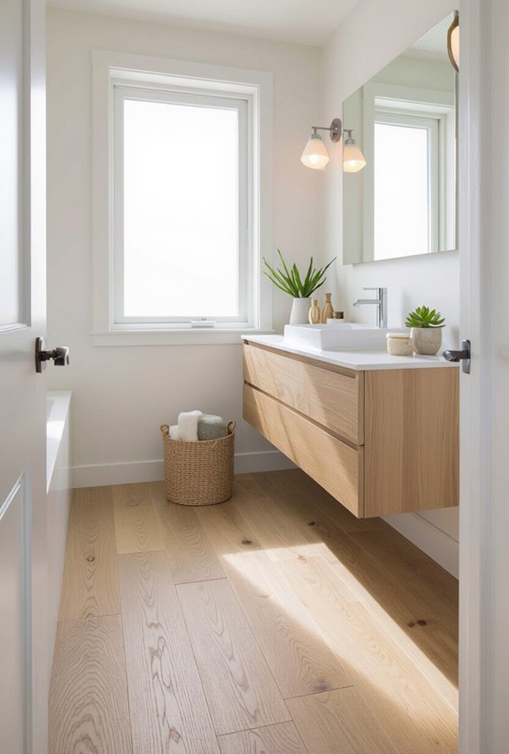 light wood brightens small bathrooms