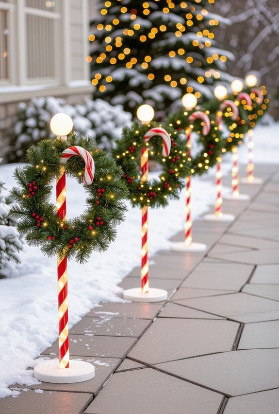 lighted candy cane pathway wreaths