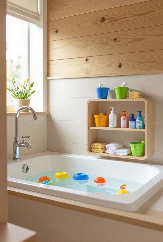 low shelves with labeled baskets