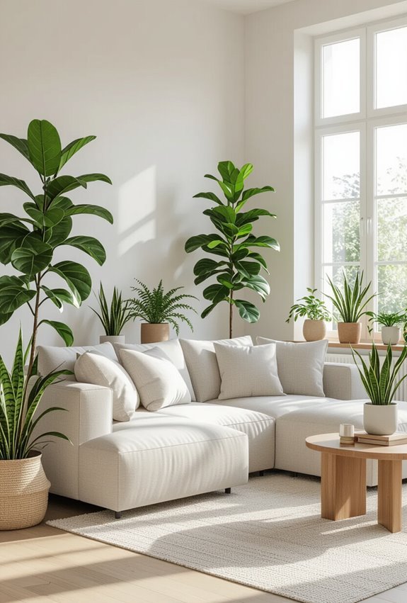 lush greenery around l sofa
