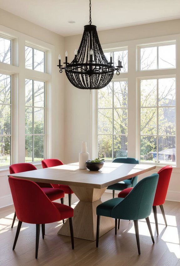 matte black anchors colorful chairs