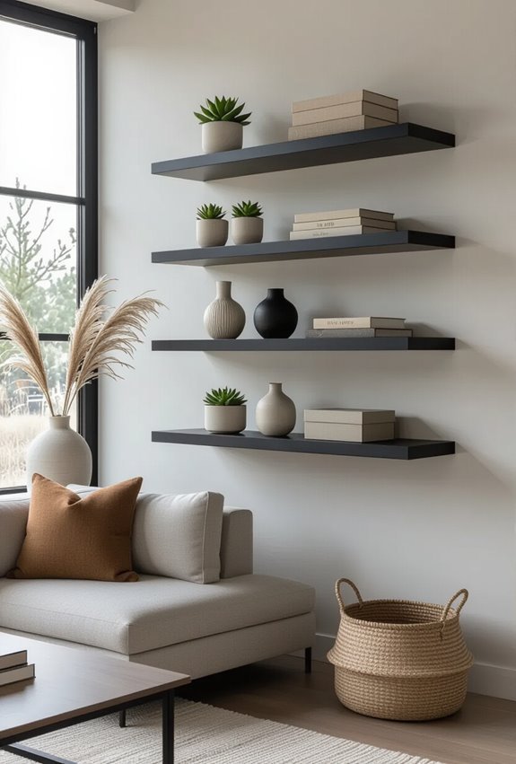 matte black bracketless wall shelves