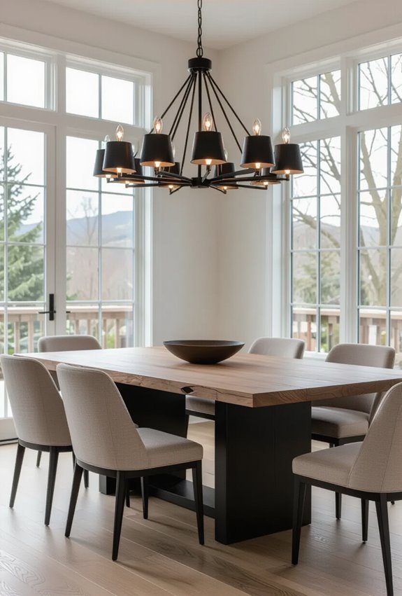 matte black chandelier rustic wood