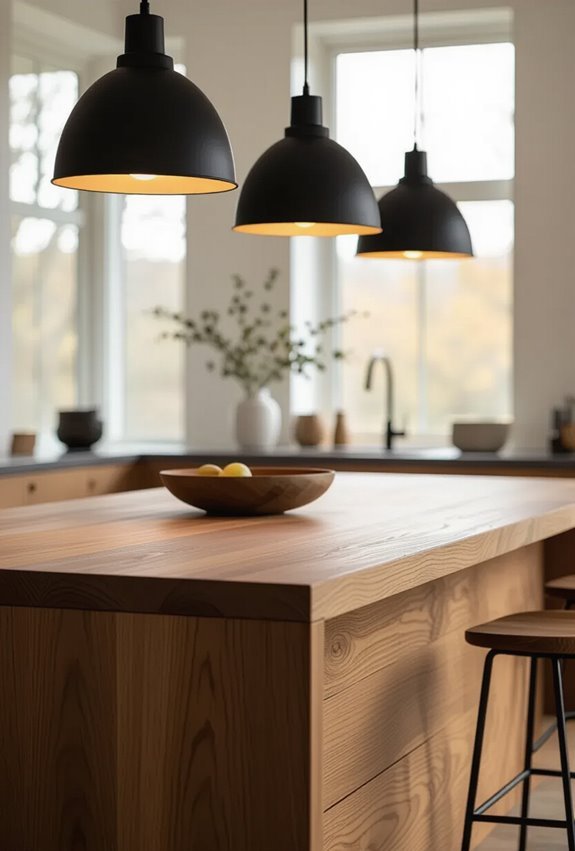 matte black pendants over wood