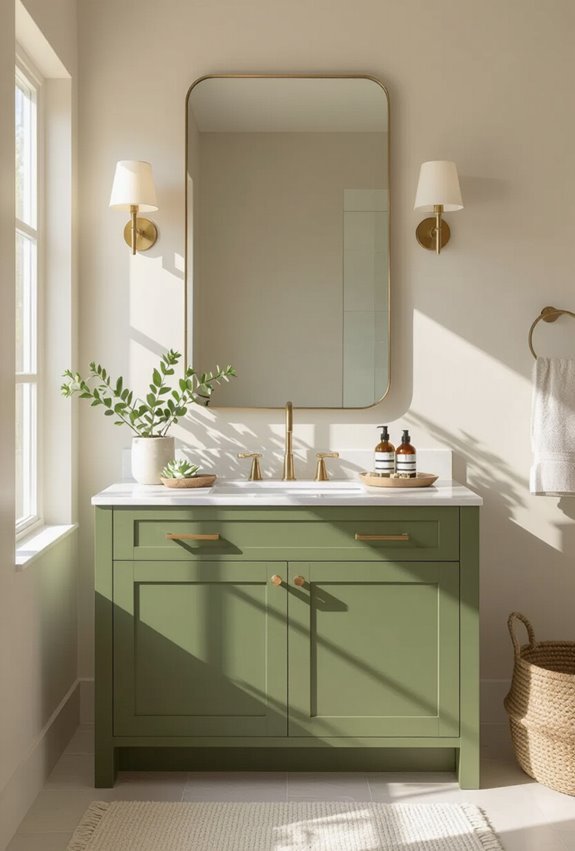 matte olive earthy bathroom cabinets