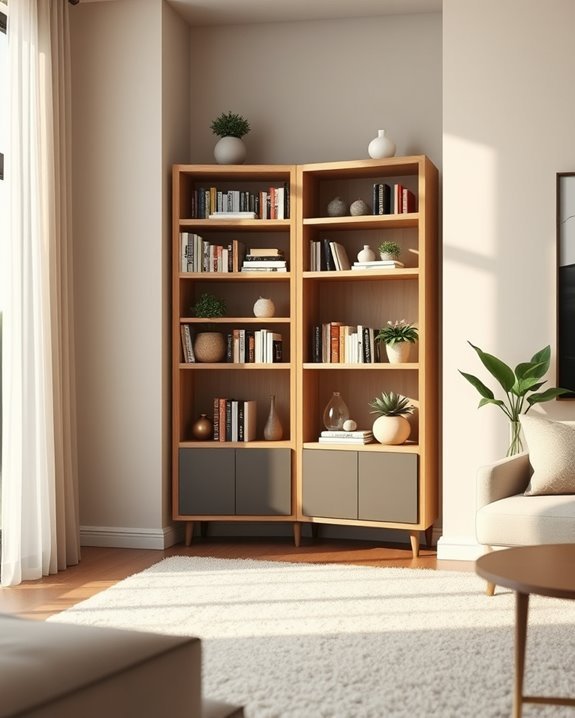 maximize space with corner bookshelves