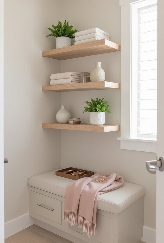 maximize space with floating shelves