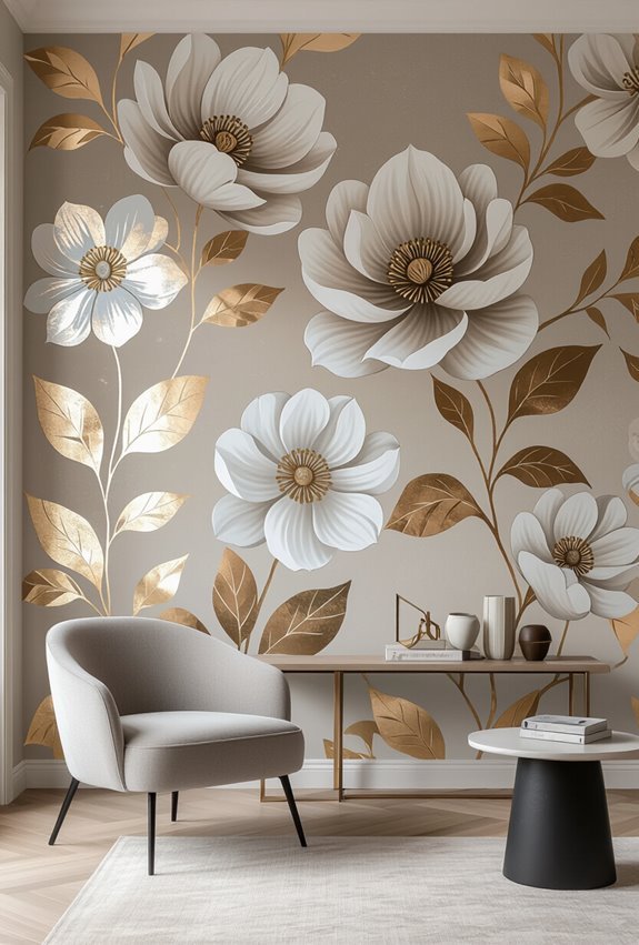 metallic glimmering oversized floral wallpaper