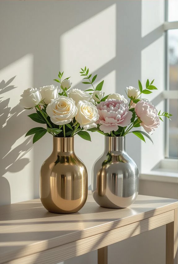 metallic vases with flowers