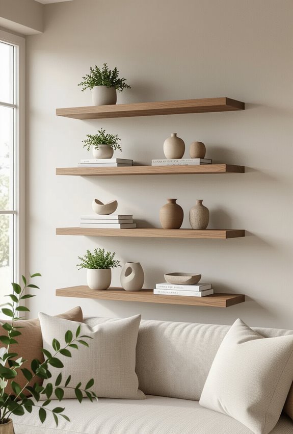 minimalist curated floating shelf displays