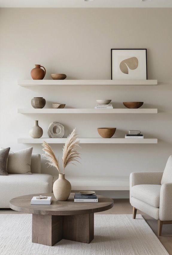 minimalist curated floating shelves