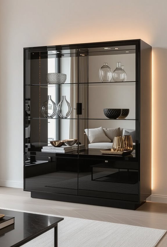 mirrored backed black display cabinets
