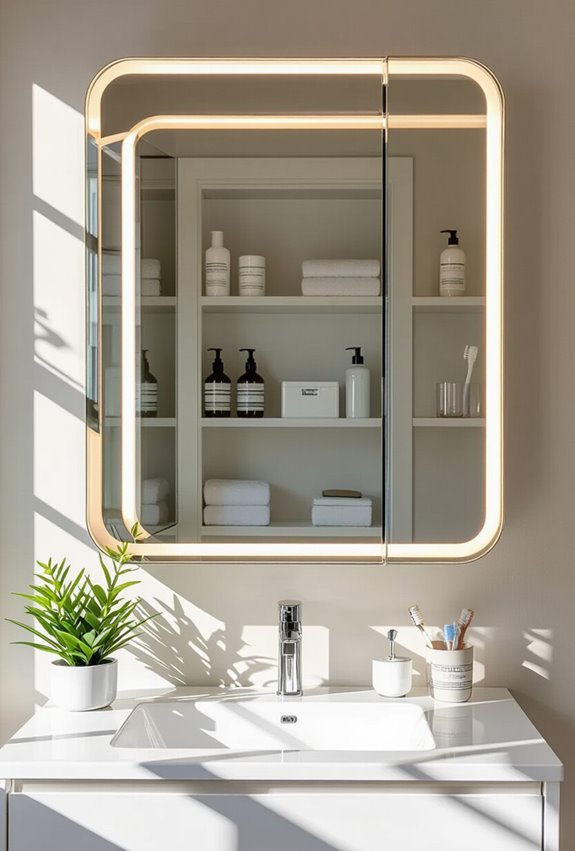 mirrored cabinet hides toiletries