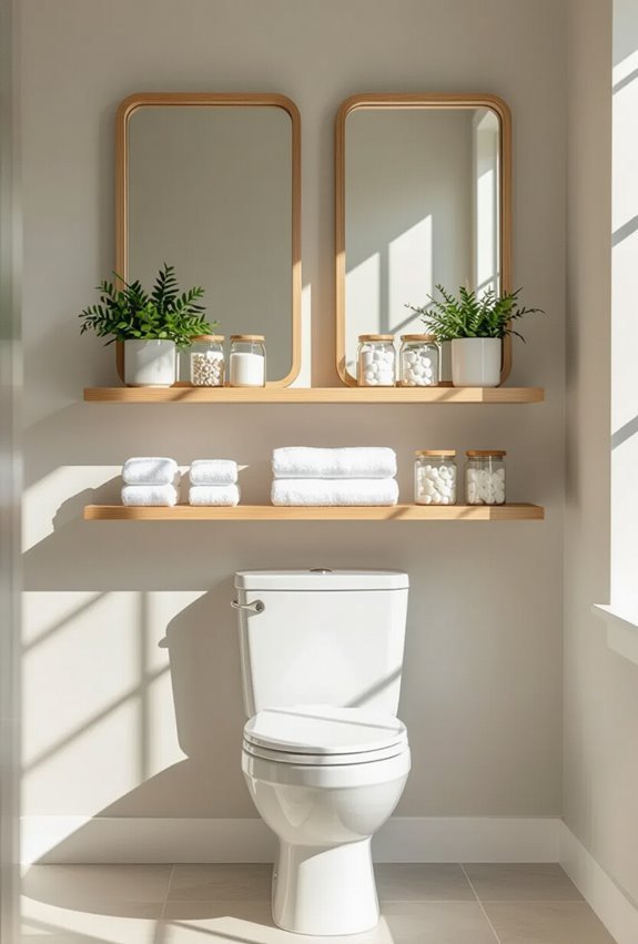 mirrored shelves enlarge bathroom space