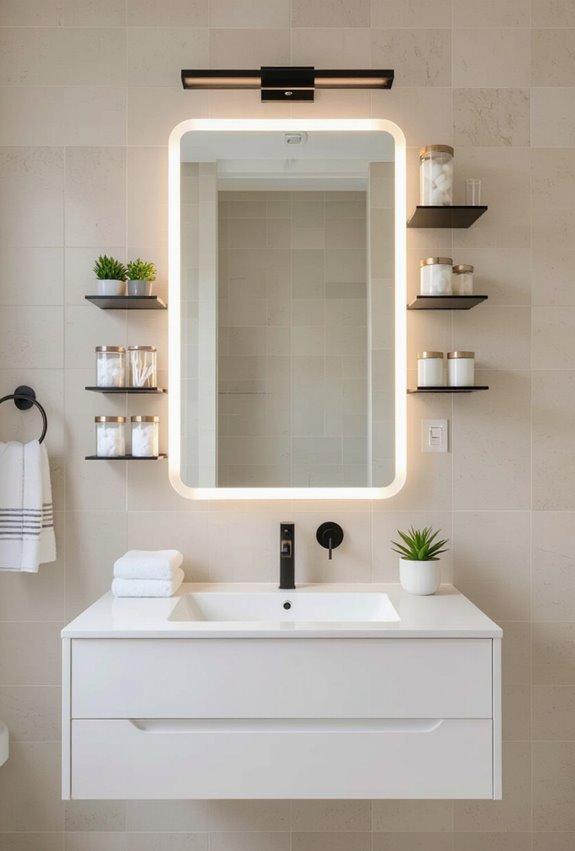 mirrored shelves maximize bathroom storage