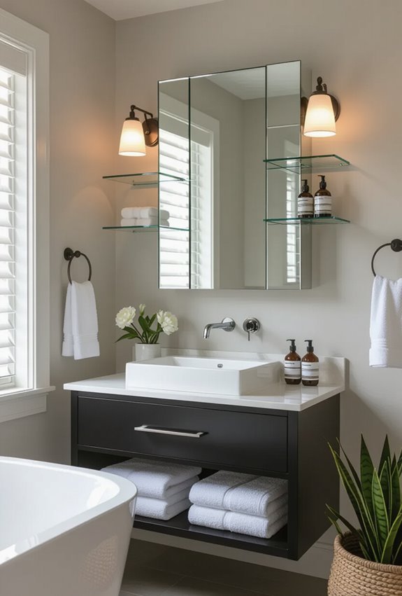 mirrored storage with hidden drawers