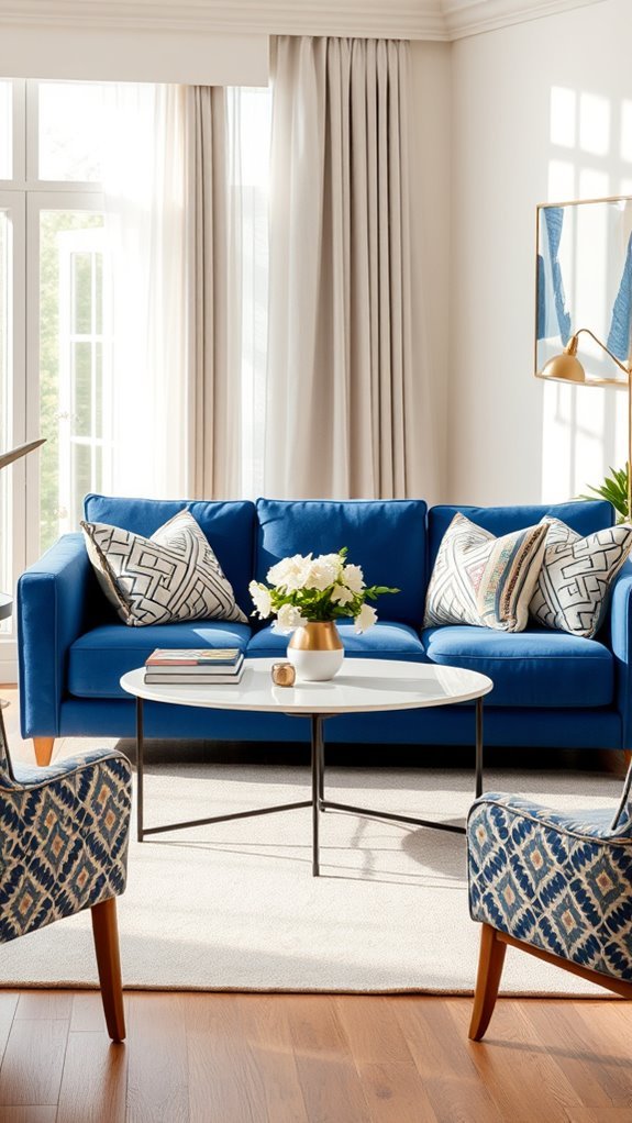 mixing patterns with blue couch