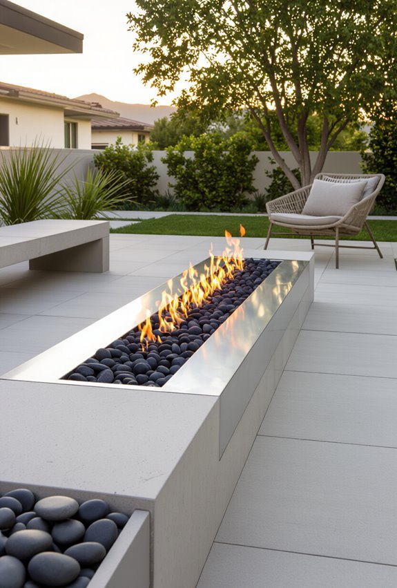 modern rectangular lava rock firetrough