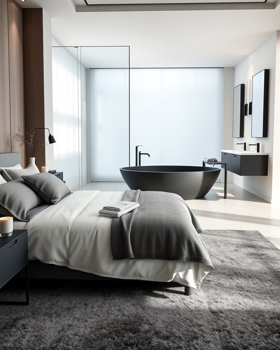 monochromatic bedroom bathroom design