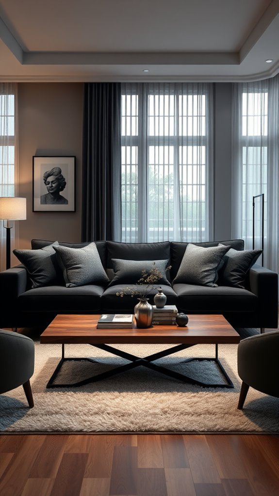 monochromatic dark sofa styling