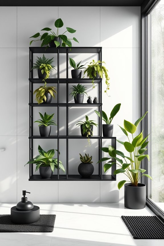 monochrome shelving with plants