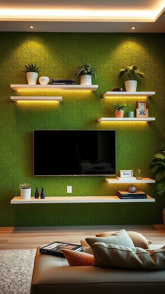 moss green floating shelves