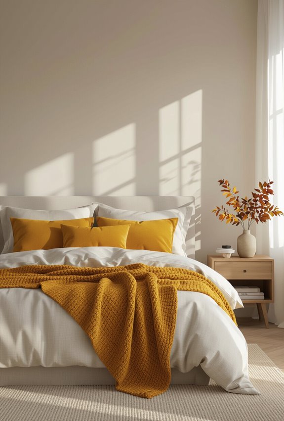 mustard accents brighten autumn bedroom