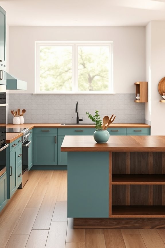 muted teal and dark oak