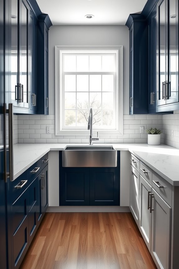 navy blue and white cabinets