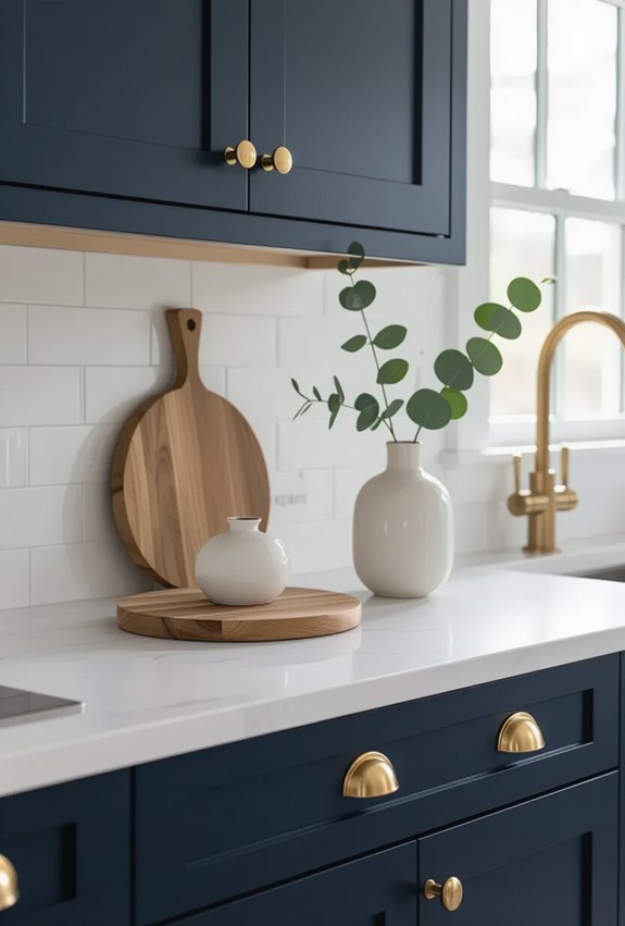 navy cabinets with brass