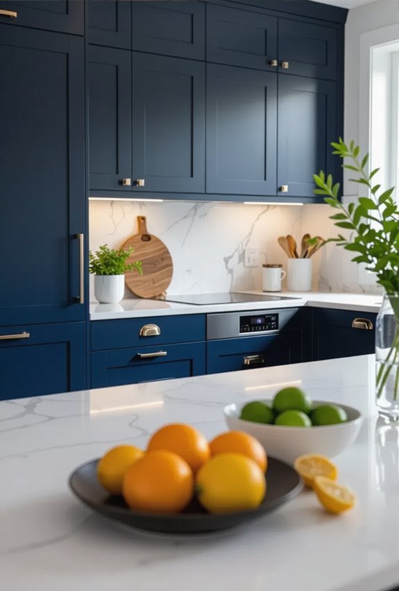 navy cabinets with white accents