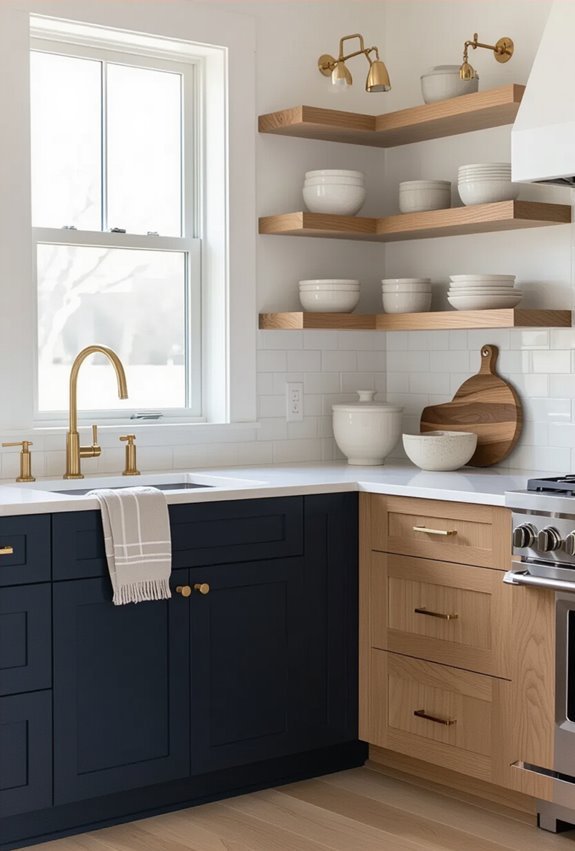 navy cabinets with woodgrain