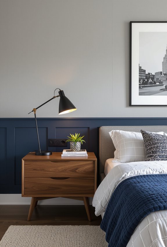 navy gray masculine bedroom scheme
