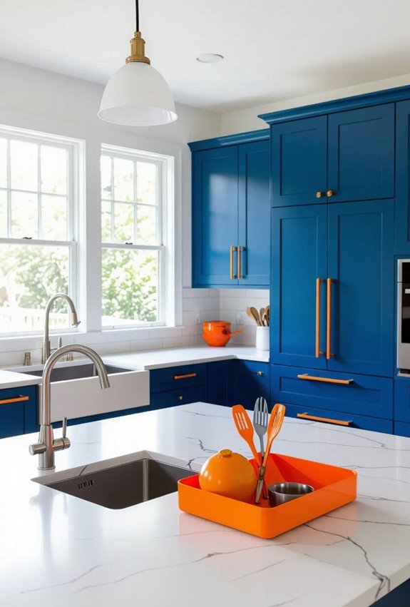 neon orange accents against deepblue
