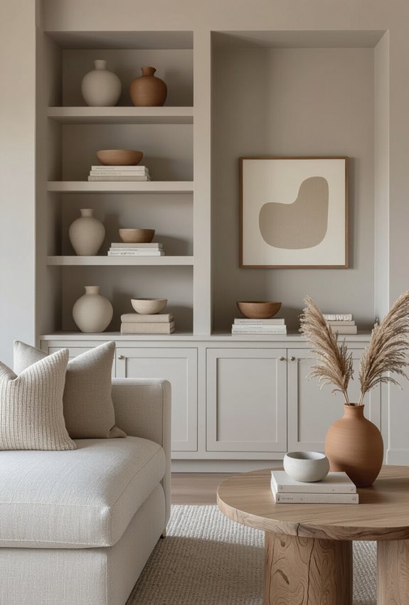 neutral curated open shelf styling