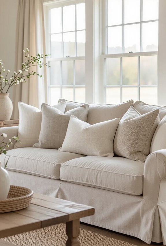 neutral linen slipcovers and tufting