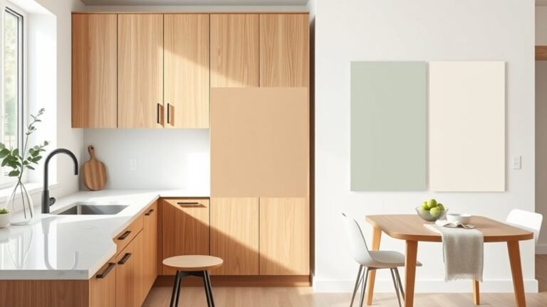 neutral tones enhance oak cabinetry