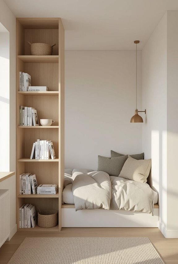 open bookshelf bedroom nook