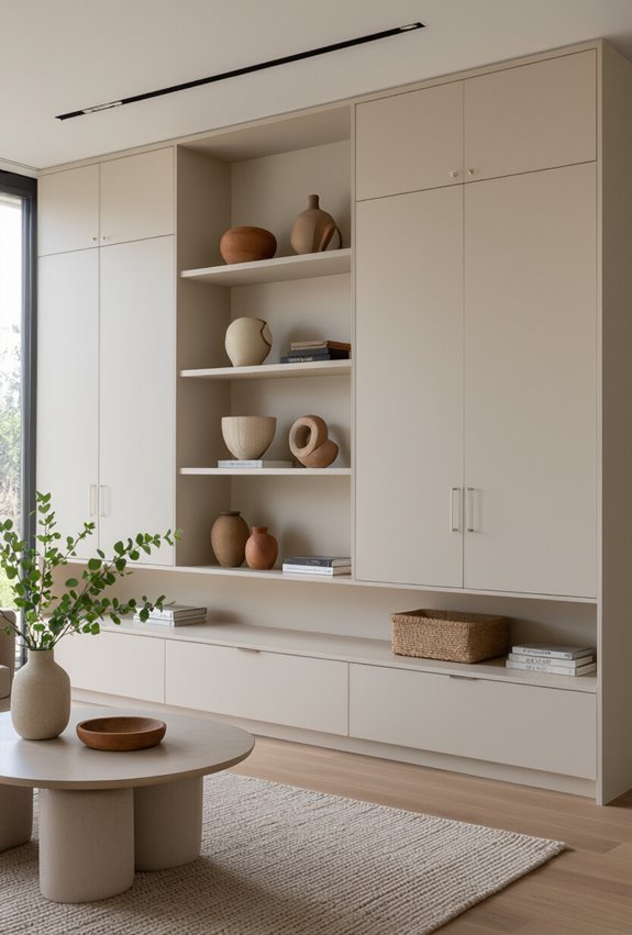open shelves concealed cupboards