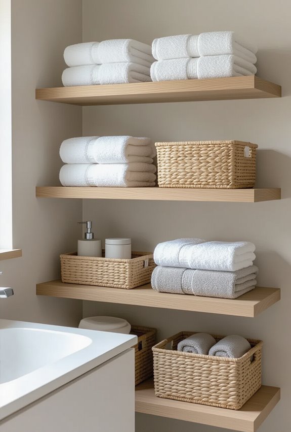 open shelving with baskets