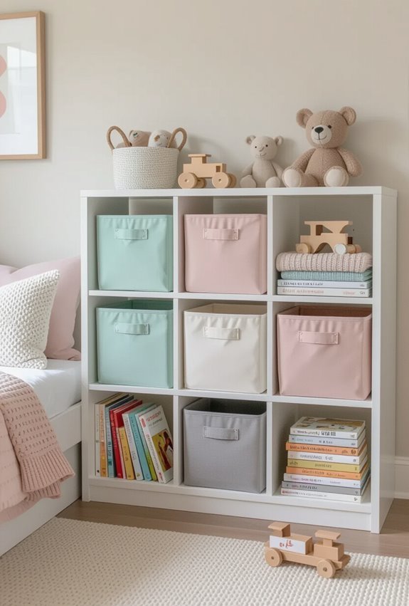 open shelving with labeled bins