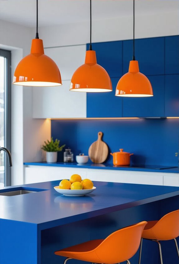 orange pendants over blue counters