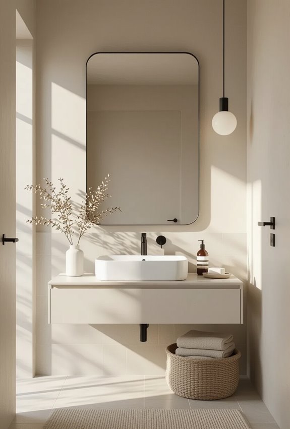oversized mirrors widen compact bathrooms