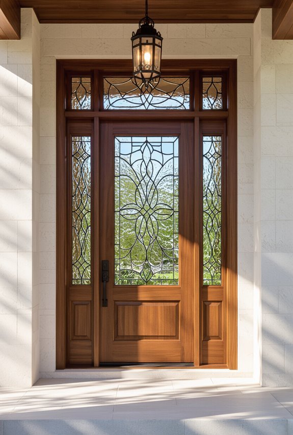oversized wooden doors with stained glass