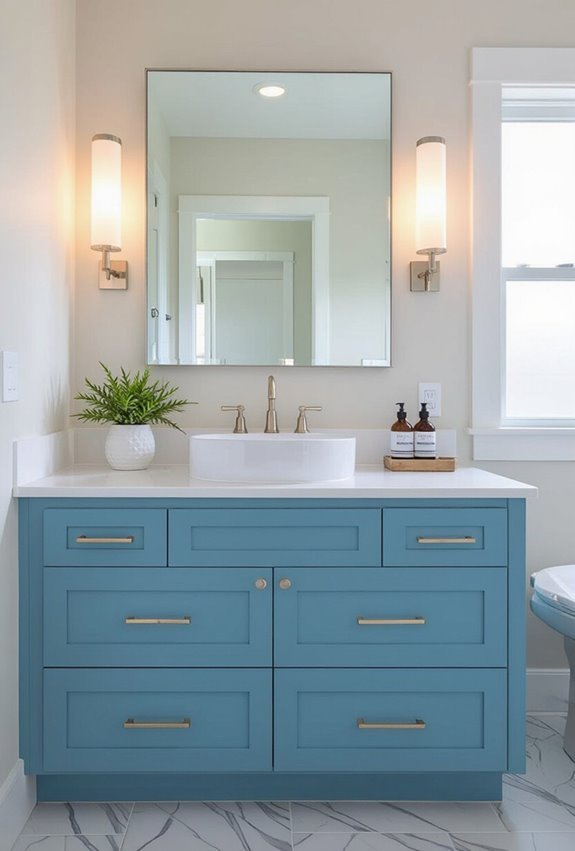 pastel aqua cabinets enlarge bathrooms